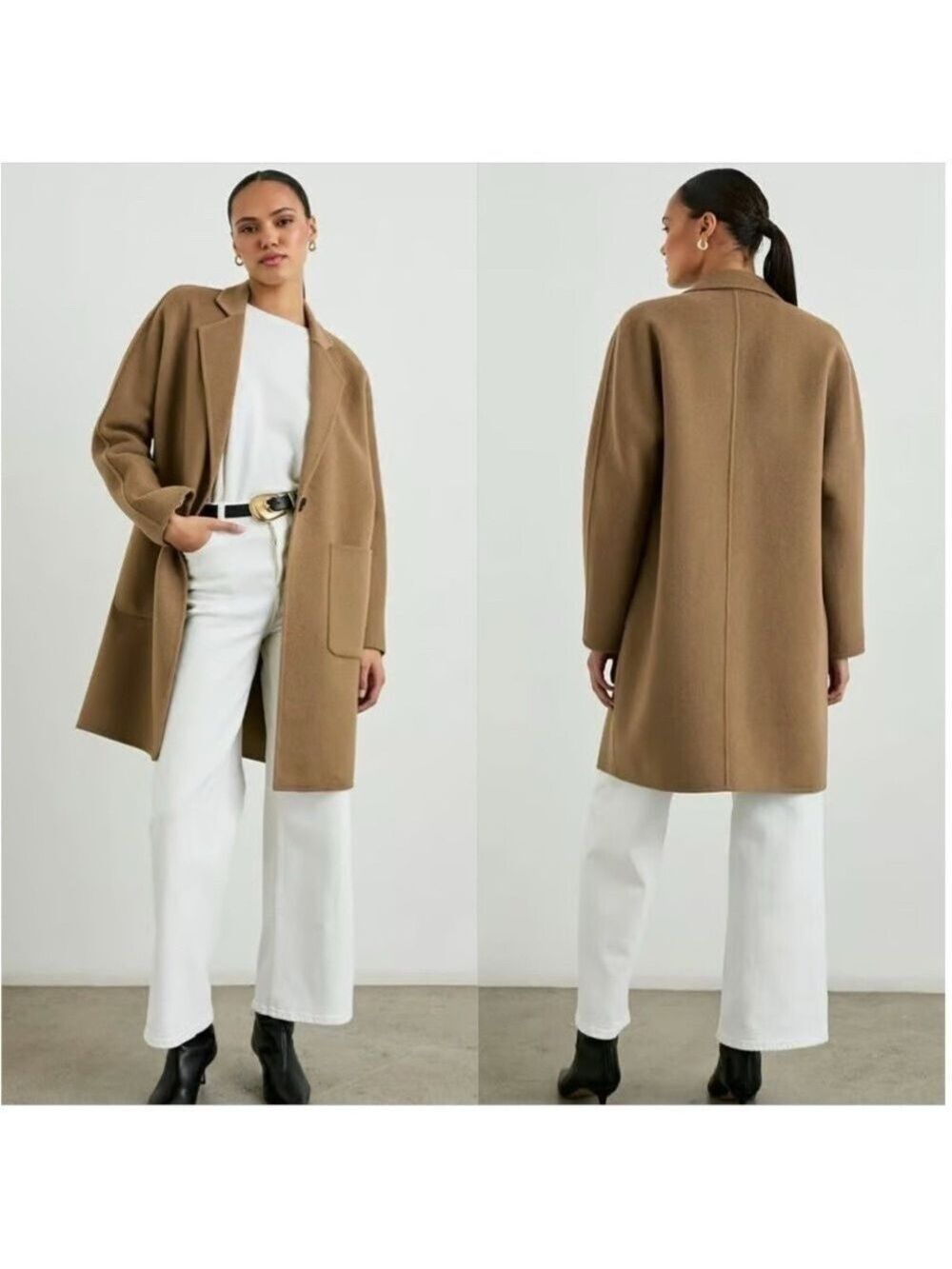 Women's Stitch and Feather Full Length Long Camel Brown Coat